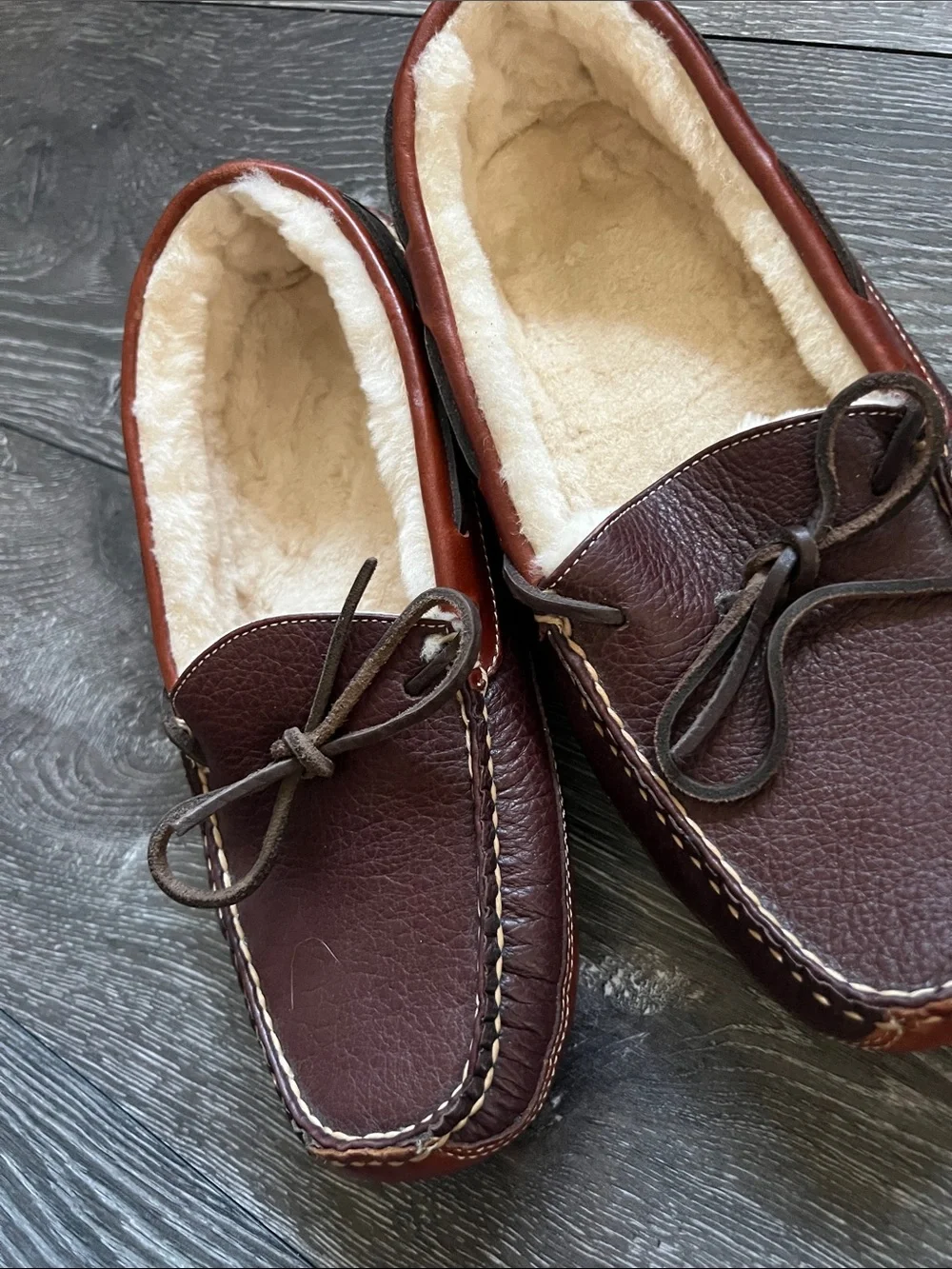 L.L. Bean Brown Leather Shearling-Lined Moccasin Slippers